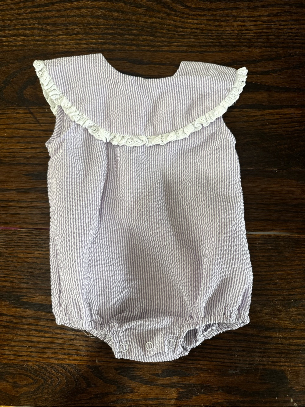 Lilac Seersucker Baby Romper with White Lace PeterPan Collar